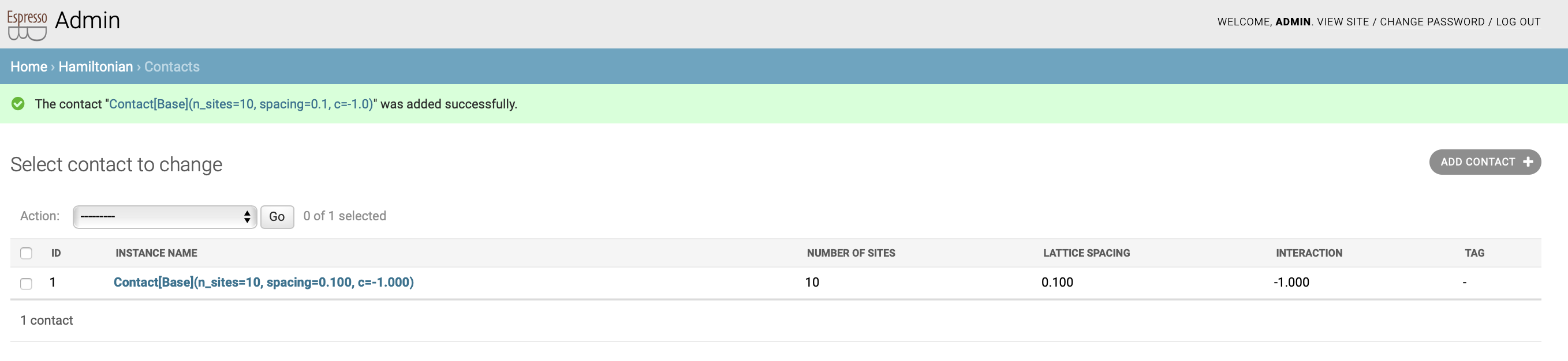 The first contact entry on the admin page